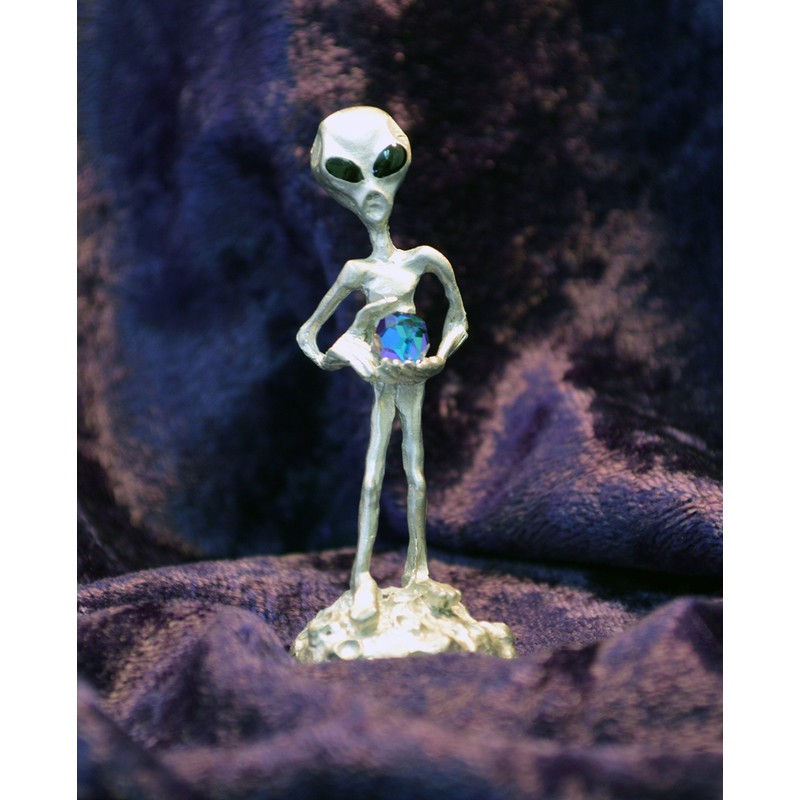 UFO Alien Holding Faceted Crystal Ball Pewter Statue