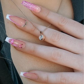 Gangel Butterfly French Tip Press on Nails Pink Glossy Long Square Fake Nails Glitter Rhinestones False Nails for Women and Girls(24 pcs)