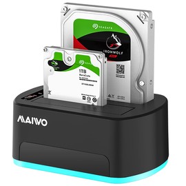 MAIWO External Dual Bay Hard Drive Docking Station with Offline Clone, USB 3.0 SATA Duplicator for 2.5'' 3.5'' HDDs and SSDs, with RGB Lights & Power Supply, UASP Supported, Black