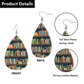 MIOAOSRT Books Earrings Bookshelves Full of Books Faux Leather Earrings Leaf Earring Teardrop Dangle Earrings for Women