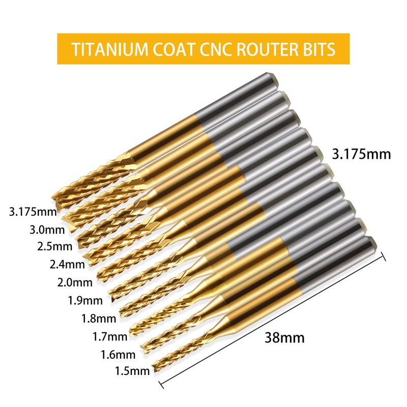 End Mill Sets,10Pcs Titanium Coat End Mill,1/8" Shank 1.5-3.175mm Micro