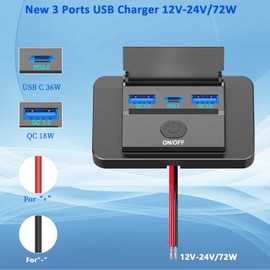 Lucstar 12V/24v USB Outlet 3 Charging Ports for Car RV Marine 12 Volt Wall Mount, 72w USB C Dual QC 3.0 One Piece Thin Panel Socket with Button Switch, RV USB Electrical Outlet