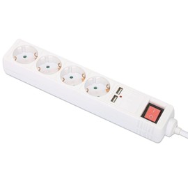 Manhattan 4-Way Power Strip with 2 USB Charging Ports and Power Switch, Protective Contact, White