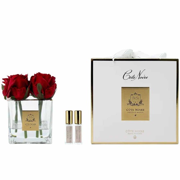 Cote Noire-Couture 4 Rose Buds Square Clear Vase Gold &