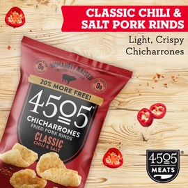 4505 Classic Seasoned Chicharrones, Fried Pork Rinds - Classic Chili & Salt Flavored Pork Skins - Low Carb, Gluten-Free, Protein Snack - 3oz