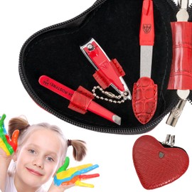 DREI SCHWERTER Germany Manicure Set Nail Set 'Kids' 5 Pieces Faux Leather Crocodile Red Contents: Children's Scissors, Double Instrument, Nail Clippers, Tweezers Angled, Sapphire Nail File