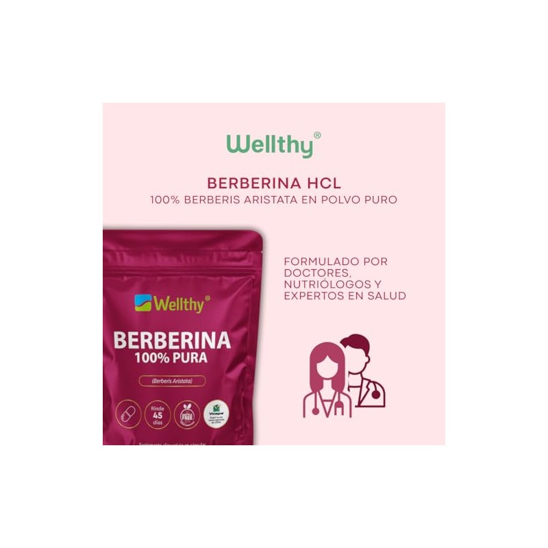 Wellthy Berberina Pura 90 Cápsulas. 100% Berberis Aristata, 500mg c/u,