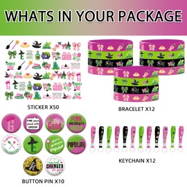SZTZPW 84pcs Pink and Green Party Decorations include 12 Rubber Bracelets, 12 Keychain Wristbands,10 Button Pins and 50 Witch Elemental Stickers for Birthday Party Supplies