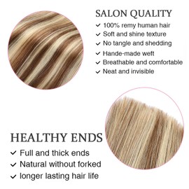 ORIGEN Clip In Hair Extensions for Women, Real Remy Human Hair, Medium Brown with 613 Blonde Highlights, 80g, 7 Pcs, 12 Inches