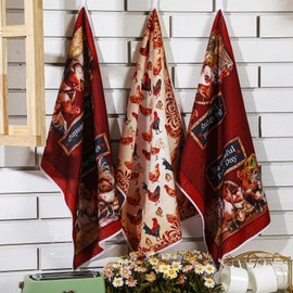 Bencailor 6 Pcs Farm Animal Kitchen Towels Rooster Kitchen Towels Farmhouse Dish Towels Chicken Kitchen Towels Vintage Hand Towels for Christmas Home Living Room Decor(Deep Red,Cock Hen)