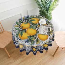 mutakin Lemon Round Tablecloth 60 Inch Washable Reusable Decoration Table Cover for Kitchen Party
