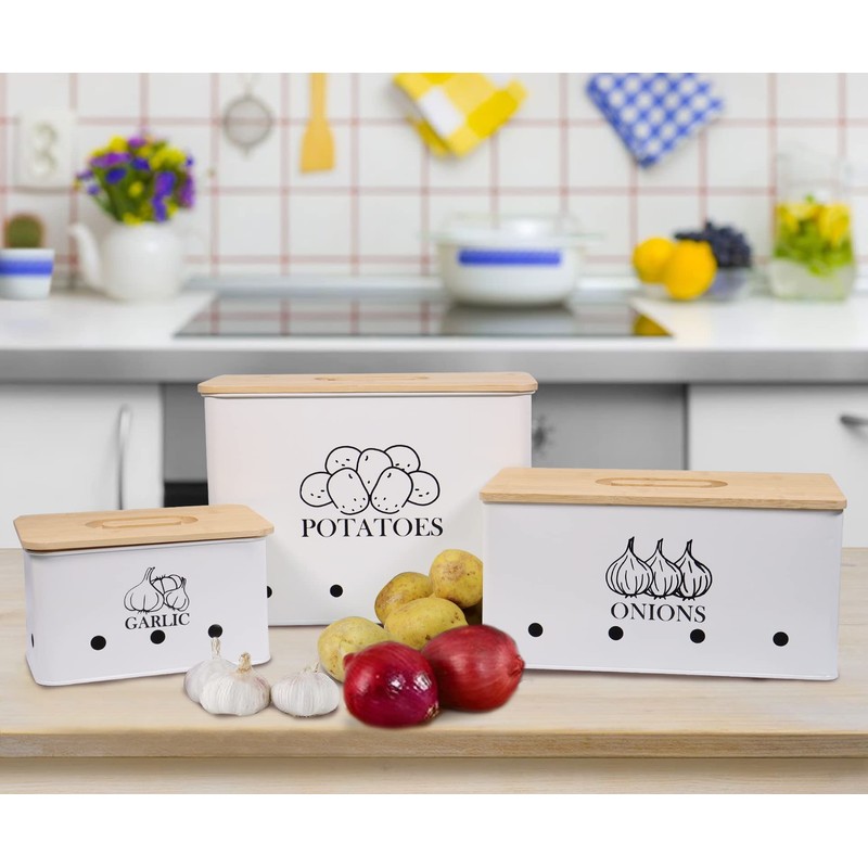 Kitchen Vegetable Storage Tins Set of 3 for Potato Onion