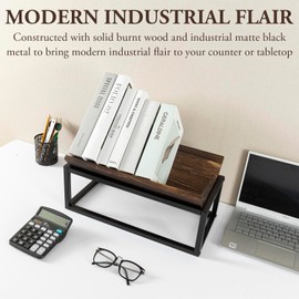 MyGift Tabletop Book Holder Rack with Industrial Black Metal Frame, Rustic Burnt Solid Wood Desktop Tilted Bookcase Reading Book Storage Organizer