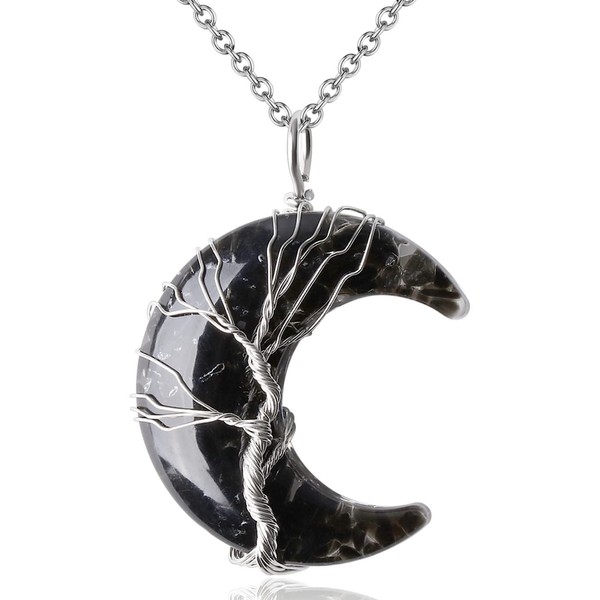 MAIBAOTA Black Obsidian Necklace Healing Crystal Stones Tree Life Wire Wrapped Crescent Moon Phase Pendant Necklace Natural Resin Reiki Spiritual Quartz Gemstone Witch Jewelry Gifts for Women