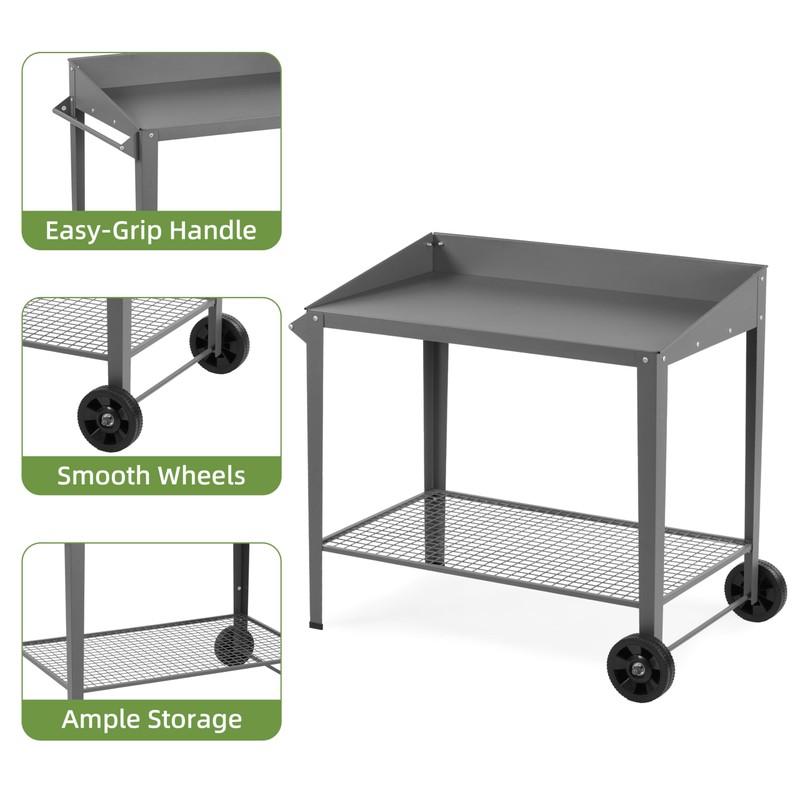 Outdoor Metal Potting Bench with Wheels, Heavy Duty Garden Workbench