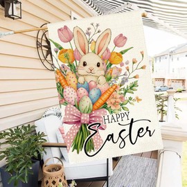 RABUSOFA Happy Easter Floral House Flag 28x40 Inch Double Sided Outside, Easter Eggs Bunny Spring Flowers Yard Outdoor Flag Holiday Decoration Large