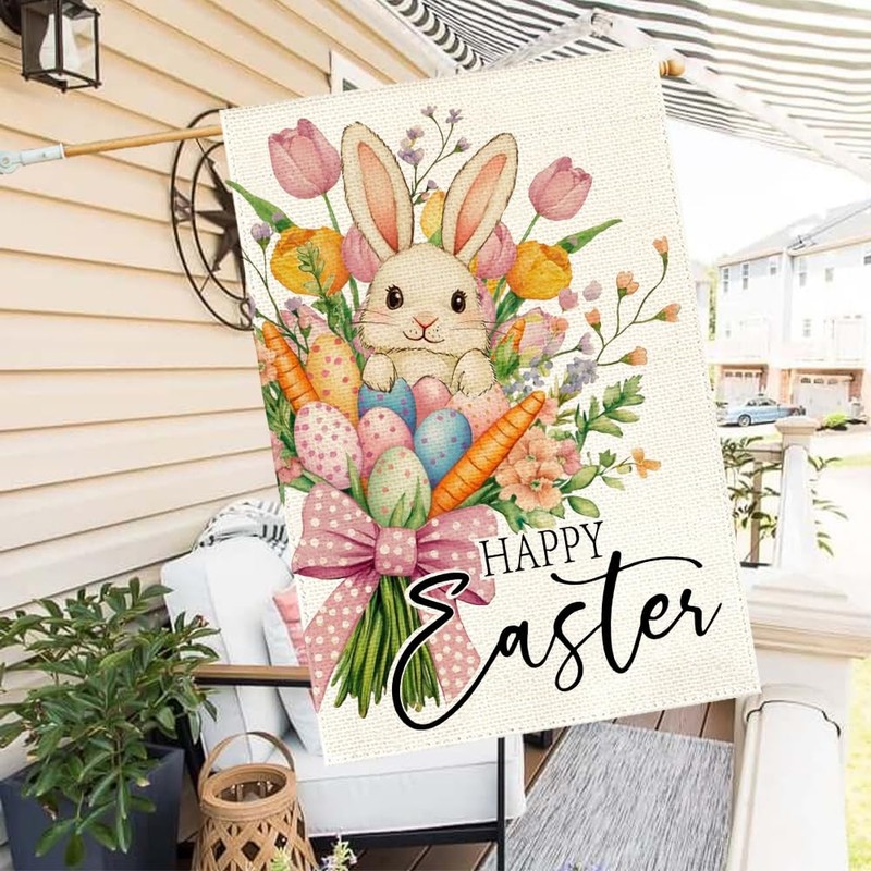 RABUSOFA Happy Easter Floral House Flag 28x40 Inch Double Sided