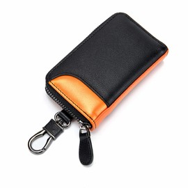 Mens Card Key Case, Leather, Smart Key Case, Car Key Case, 6 Rows, 2 Outside Pockets, with Carabiner - -