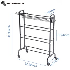MetalMonster Ball Storage, 4-Tier Ball Rack for Basketball Rolling Ball Volleyball Soccer Baseball, Large Basketball Rack for Balls Garage Organization with Wheels Hooks and Mesh Layer, Indoor&Outdoor