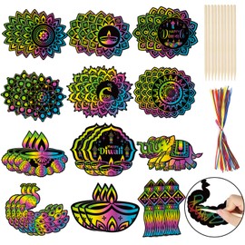 HOWAF 36 Diwali Scratch Art for Kids, Diwali Crafts for Kids Diwali Diyas Diwali Rangoli Rainbow Scratch Paper Diwali Decorations Hanging Ornaments Craft Kits Diwali Gifts for Kids Party Bag Fillers