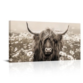 iKNOW FOTO Rustic Highland Cow & Flower Canvas Art 24x48 - Sepia Longhorn Animal Painting, Floral Country Landscape Longhorn Cattle Picture for Living Room, Bedroom, Kitchen Farmhouse Decor Poster