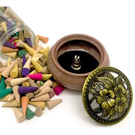 COOLPIPIT Incense Burner/Incense Set, Antique, Stylish, Pottery, Yoga, Interior, Swirl, Incense, Cone Type, Non-Flammable Fabric, Cone Mix, Set of 200, Set of 4 (Pink)