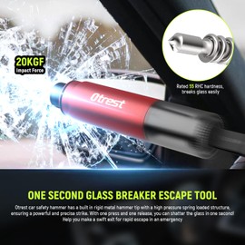 OTREST 2 Pack Car Safety Hammers, 2 in 1 One Second Car Glass Breaker & Seat Belt Cutter, Multifunctional Automobile Window Breaker Emergency Escape Tool with Sticky Wall Holder AP001E, Red + Silver