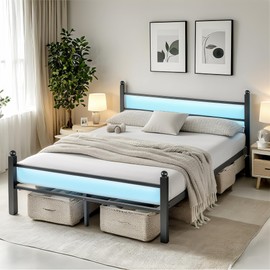 CLIBFENG Queen Bed Frame with Headboard and Footboard,Steel Slats Support-LED Bed Frame with USB Charging Station,Metal Bed Frame-Under Bed Storage, No Box Spring Needed, Noise Free，Black