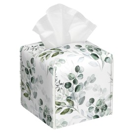 Tissue Box Cover Square, Watercolor Green Floral Eucalyptus Leaves Leather Tissue Box Cover Decorative Facial Paper Organizer Dispenser for Bathroom Kitchen Bedroom Vanity Countertop Night Stands