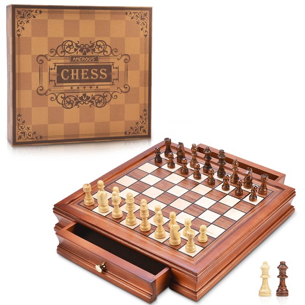 AMEROUS 12.8'' Magnetic Wooden Chess Set / 2 Built-in Storage Drawers / 2 Extra Queen/Gift Package/Chess Rules/Classics Strategy Board Games Chess Sets for Kids and Adults