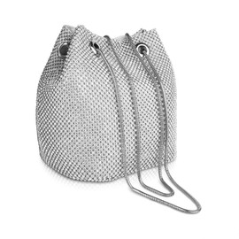 Rhinestone Bucket Bag for Women, Full Rhinestones Evening Clutch Bag, Mini/Small Crossbody Shoulder Shinny Bling Bucket Handbag for Party Wedding Date Night (Silver)