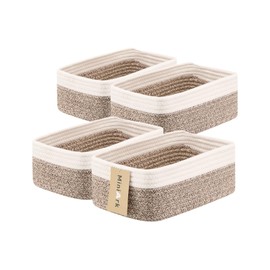 MiniArk Small Storage Baskets for Organizing | Closet Organizer Bins | Shelf Toy Basket | Woven Rope Baskets | Cube Decorative Box | Shallow Basket | 11.5x7.5x4.7” | 4 Packs White Brown
