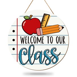 Whaline Welcome Sign for Classroom Door Decorations 12" Welcome to Our Classroom Wooden Hanging Sign Back to School Welcome Door Hanger with Apples Pen Ruler for School Classroom Porch Front Door Decor