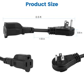 0.5 Ft 360° Rotating Flat Plug Extension Cord, 3 Prong Grounded Wire 16 AWG Power Cord, 125V/13A, Black Short Power Extender Cable for Indoor, Home Office, Travel, Compact Areas Use