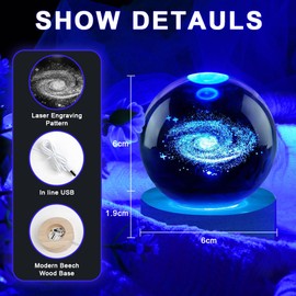 Vicloon 3D Galaxy Crystal Ball Night Light, 3D Planets Crystal Ball with Wooden Base, Space Galaxy Crystal Ball, 3D Crystal LED Night Light Tabletop for Birthday Gift Anniversary Home Decor