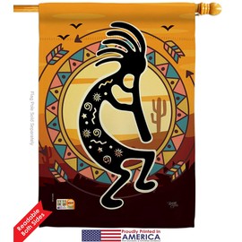 Southwest Kokopelli Playing Flute House Flag Dowel Set Regional Desert Cactus Country Succulent Particular Area Small Decorative Gift Yard Banner Double-Sided Made in USA 28 X 40