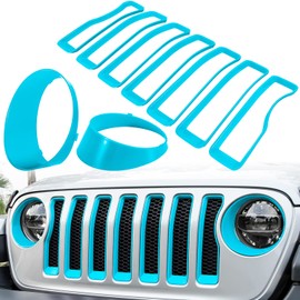 Front Grille Mesh Inserts & Headlight Cover for Jeep Wrangler JL JLU Sport & Sport S Only 2018-2023 Exterior Accessories Clip-in Grille Guard Cover Headlight Bezels Trim Ring (Light Blue 9PCS)