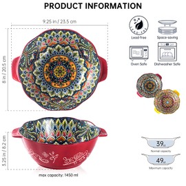 Henten Home Bohemia Large Bowls with Handle, 49 oz Ceramic Soup Bowl Set of 2, Porcelain Pho Bowl, Floral Noodle Bowls Set for Kitchen, Ramen, Udon, Microwave & Dishwasher Safe