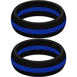 Set of Two (2) Thin Blue Line Silicone Rings Size 14 - Engagement Wedding Replacement Band for Active and Workout Lifestyles - Police Law Enforcement Ring