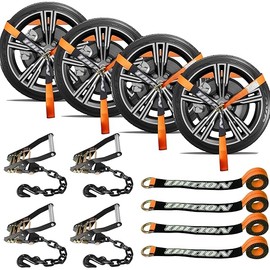 4 Pack Car Tie Down Straps for Trailers with Heavy Duty Chain Anchors 2" x 96" - 3,300 lbs Safe Working Load -Adjustable Wheel Straps with Chain Hook Anchors for Trailers.Orange