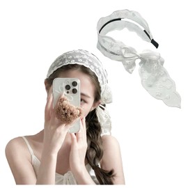 Lapimou Women's Lace Headband, Lace Hair Band, Hair Bandana, Hair Scarf, Hair Accessory, Stylish Scarf, Fashion Snap Scarf, French Girly, Boho Flower (White)