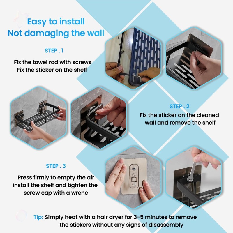 Styptika 2-Pack Adhesive Shower Caddy – Rustproof Aluminum Black Shower