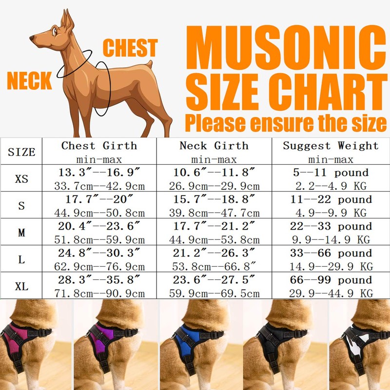 Musonic No Pull Dog Harness, Breathable Adjustable Comfort, Free Leash