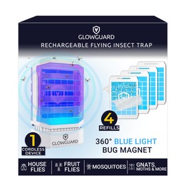 GlowGuard Cordless Flying Insect Trap Catches Fruit Flies, Indoor Gnat Killer, Magnet for Moths & Mosquitos in Dark, 1 Rechargeable Bug Trap + 4 Dual-Sided Sticky Pad Refills, 30hr Battery (White)