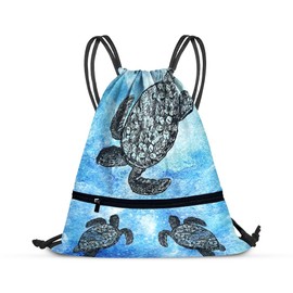 WIRESTER Drawstring String Bag Sackpack with Zipper Pocket, Foldable Sports Gym Yoga Shopping Beach Travel Bag for Men Women - Ocean Sea Turtles