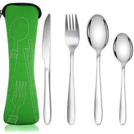 Portable Cutlery Set, Stainless Steel Flatware with Pouch Bag Camping Utensil Set for Outdoor Travel Picnic Office School Camping (Green)