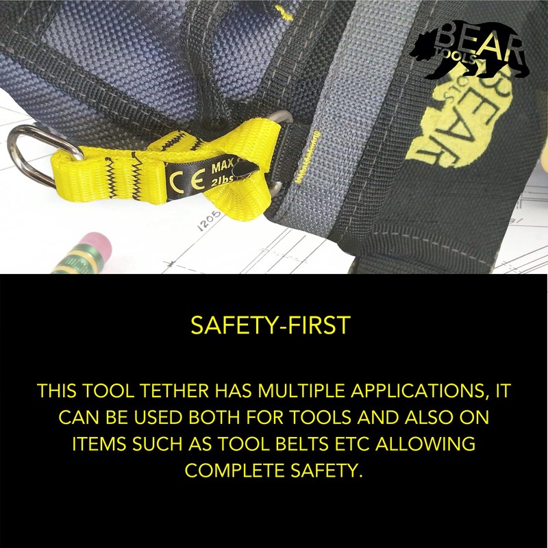 BearTOOLS Yellow Flat D-Ring Tool Tail Tethers, 2-In-1 Application, Max