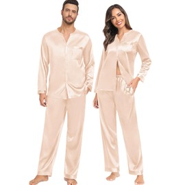 SWOMOG Matching Couple Pajamas Set Family Satin Silk Pjs Button Loungewear Men and Women Long Sleeve Sleepwear Champagne