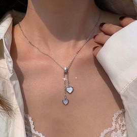 Atentuyi Opal Heart Pendant Necklace Silver Double Heart Necklace Moonstone Heart Choker Heart Y Lariat Necklace Opal Y Drop Necklace Cz Circle Necklace Jewelry for Women and Teen Girls
