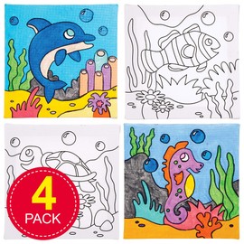 Baker Ross AT940 Sea Creatures Pictures to Colour in for Kids - Canvases for Kids to Paint, Colour and Craft Projects, Pack of 4